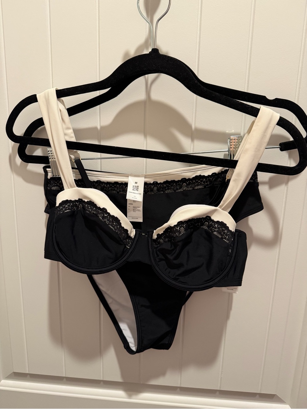 CUPSHE NWT Black & Ivory Underwire Bikini Set Lace Trim 34C Top Medium Bottom